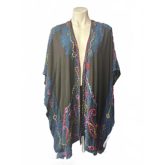 Vintage Raj Embroidered Black and Blue Women's Kimono Shawl Scarf - Picture 1 of 9